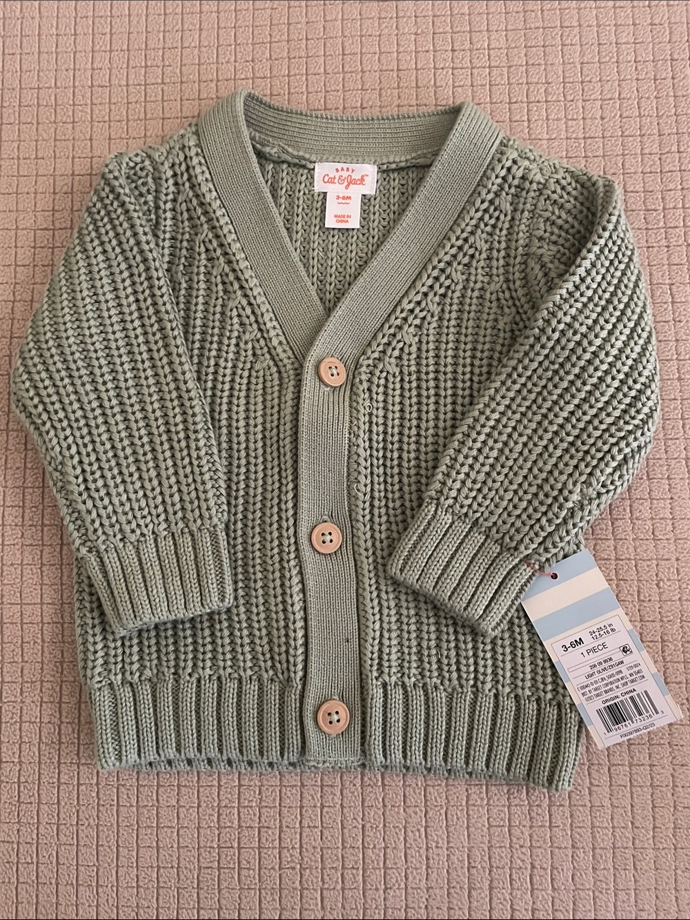 Cat & Jack Light Olive Knit Baby Cardigan 3-6 Mo. NWT!